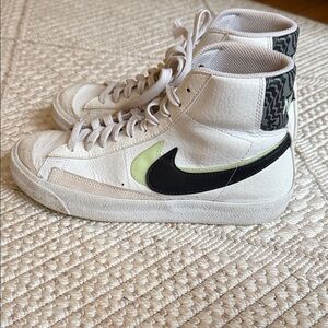 Nike White High-Tops with Black Swoosh and Green Accents